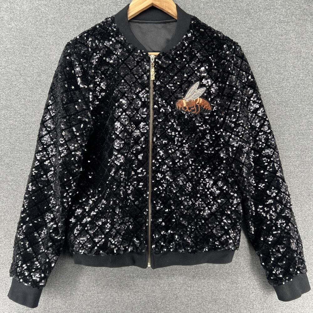 Black Sequin Jacket Womens Large Bee Applique Bomber Full Zip Lined Sparkly Glam